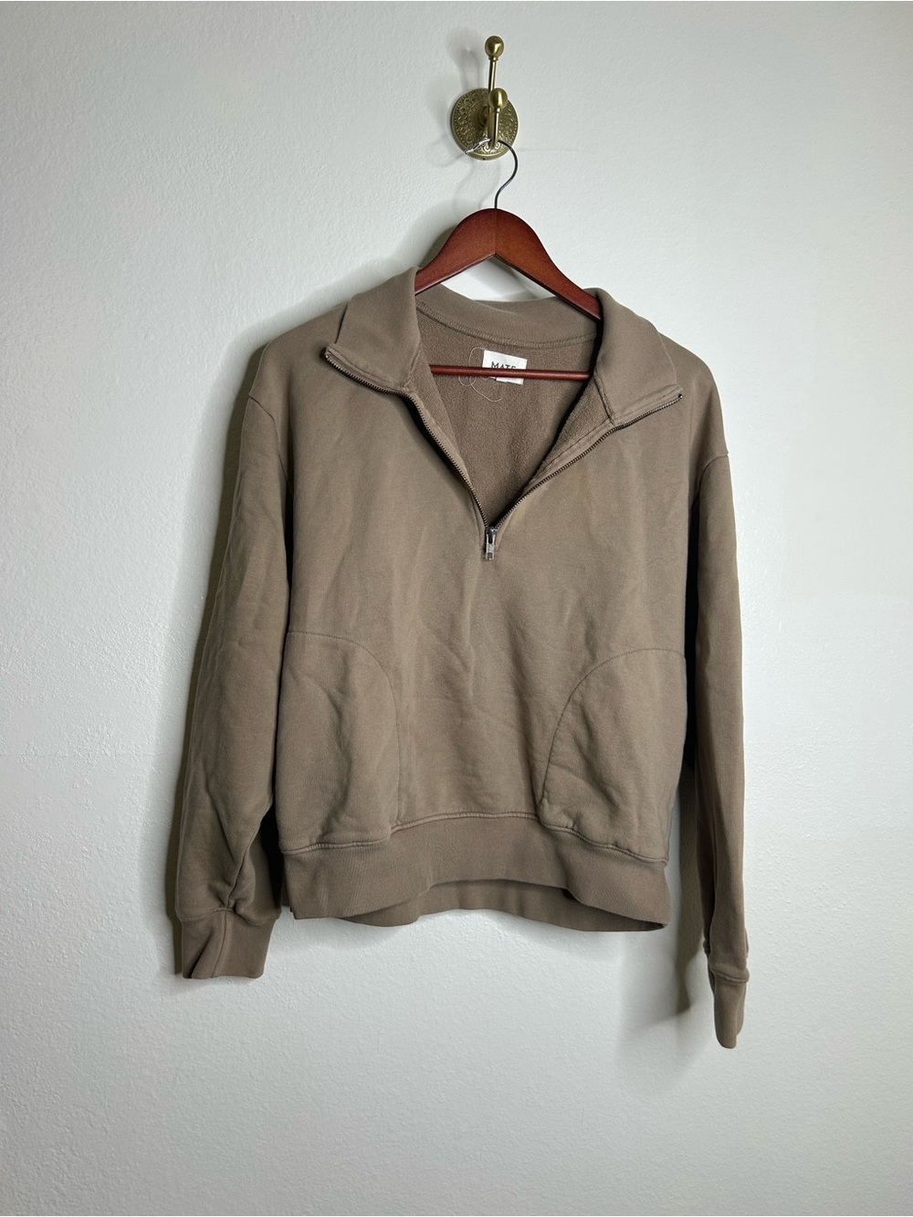 MATE The Label 100% Organic Cotton Fleece Quarter Zip Sweatshirt in Mushroom - Picture 3 of 13